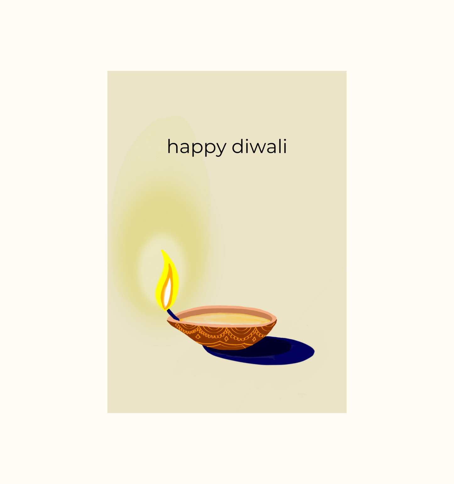Greeting card with a lit Diwali oil lamp on a beige background and 'happy diwali' text.