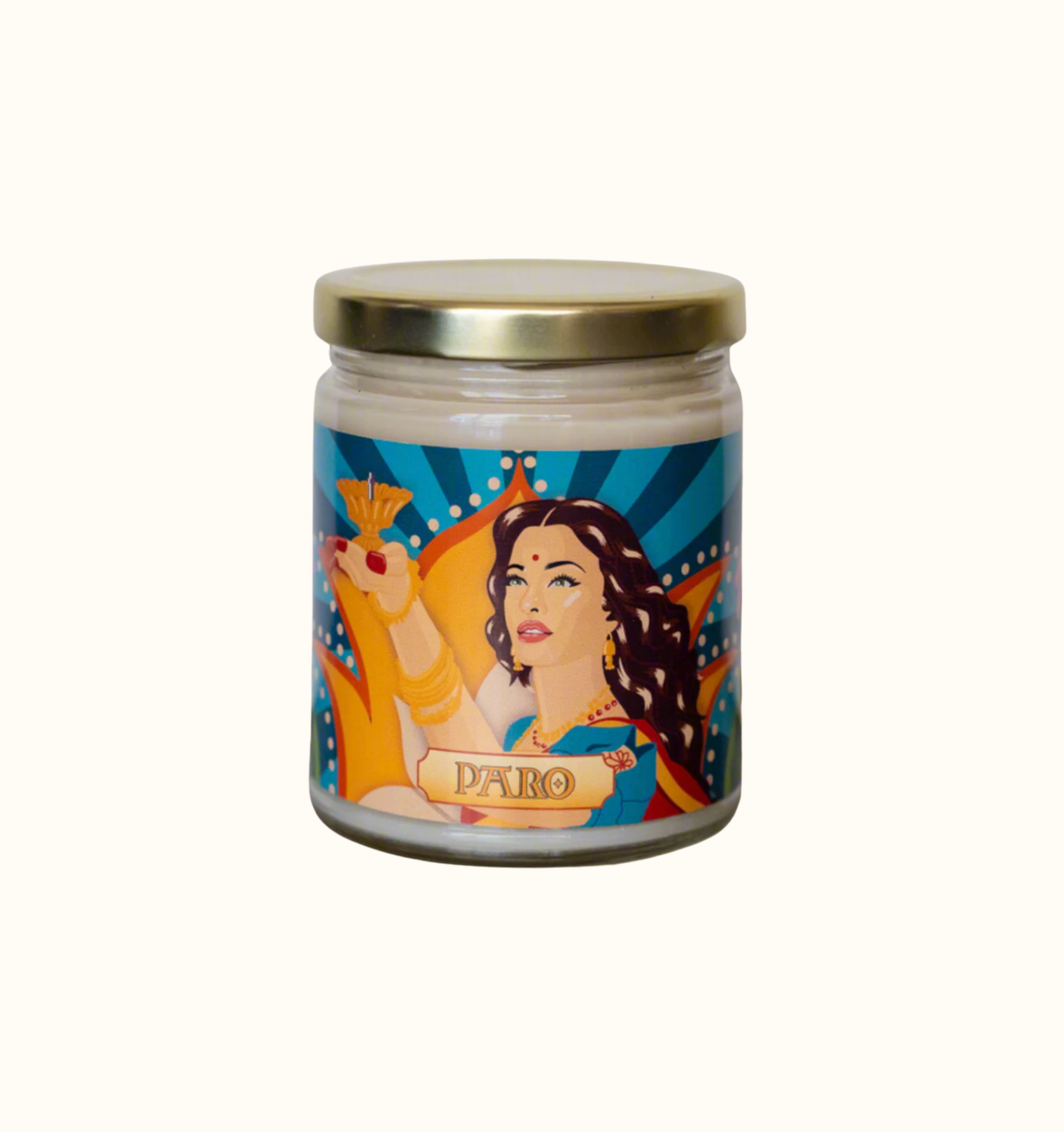 Candle jar with a colourful label featuring artwork of Aishwarya Rai from the Bollywood movie Devdas and the text "Paro".