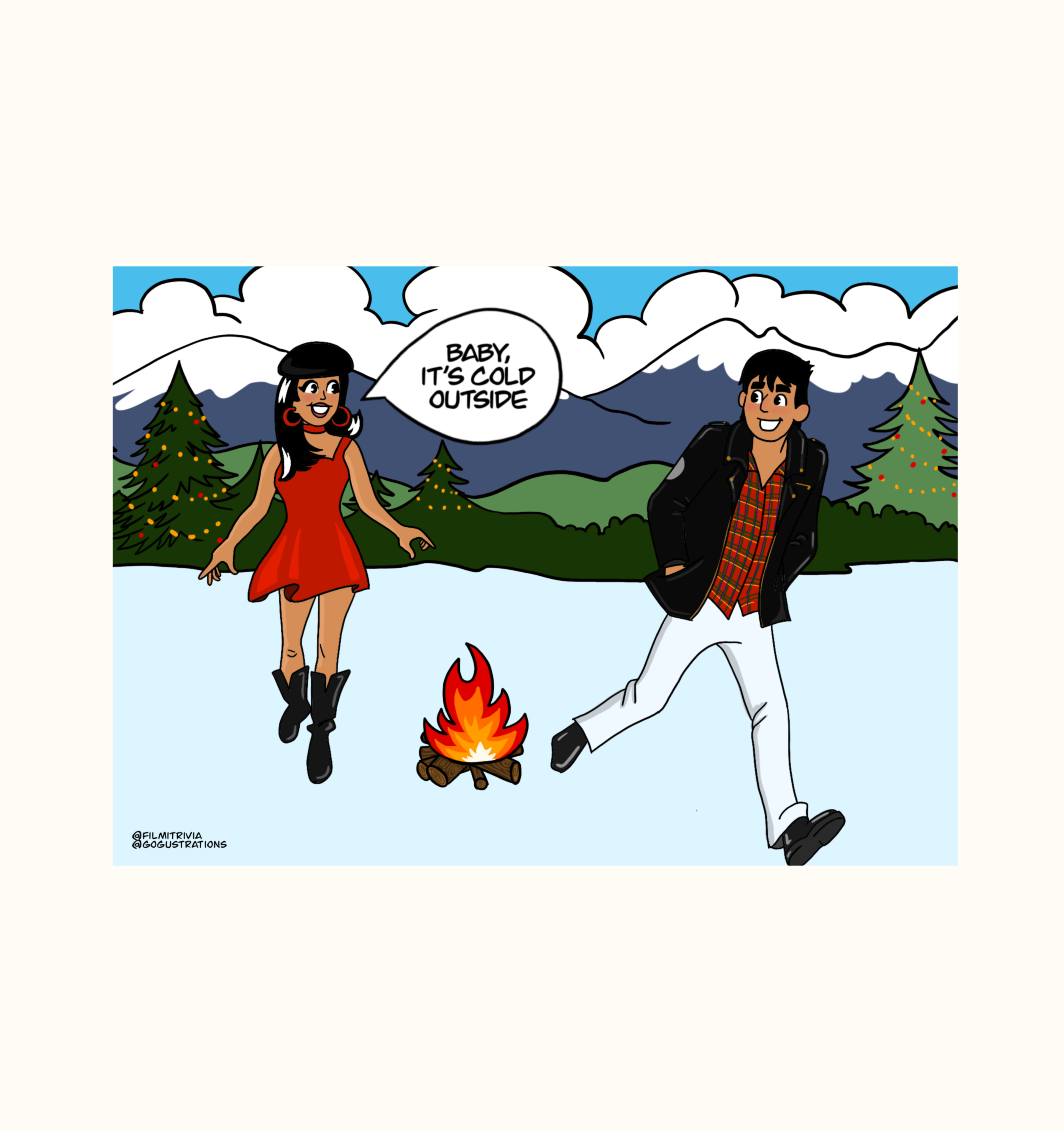Cartoon art Shah Rukh Khan and Kajol from DDLJ by a campfire in mountains with the text bubble "Baby, it's cold outside".