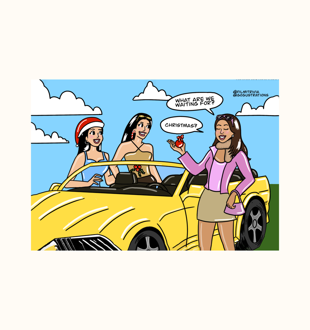 Cartoon art on a Christmas card of Poo (Kareena Kapoor) and her friends from Kabhi Khushi Kabhie Gham in front of a yellow car with one holding a Christmas ornament, another in a Santa hat, and a third standing outside the car. The dialogue text bubbles say "What are we waiting for? Christmas?"