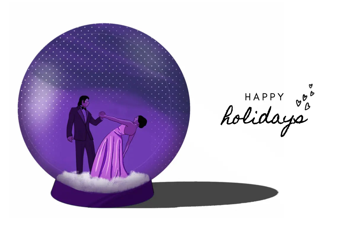 Purple snow globe with Shah Rukh Khan and Deepika Padukone dancing from the film Om Shanti Om and 'Happy Holidays' text.