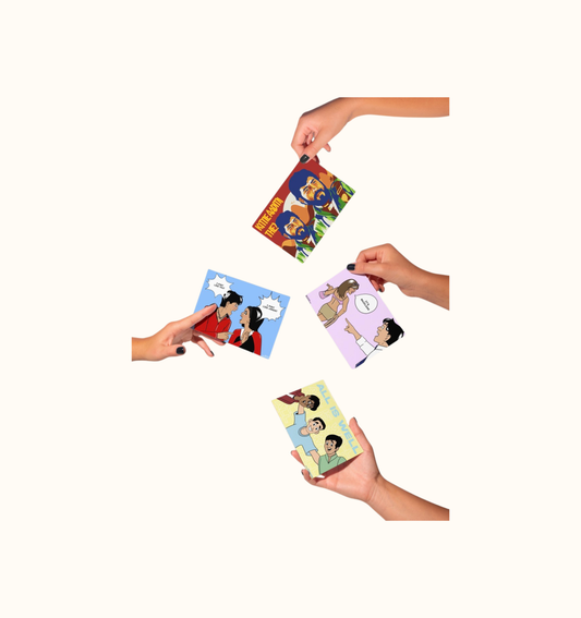Hands holding three different Bollywood themed postcards with artwork from the films Sholay, Kuch Kuch Hota Hai, Kabhi Khushi Kabhie Gham and 3 Idiots. 