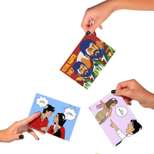 3 Hands holding three different Bollywood themed postcards with artwork from the films Sholay, Kuch Kuch Hota Hai and Kabhi Khushi Kabhie Gham