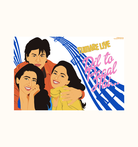 Illustration of Shah Rukh Khan, Madhuri Dixit and Karisma Kapoor from the 1997 Bollywood film Dil to Pagal Hai on a postcard.