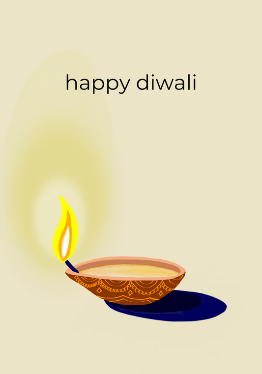 Diwali Greeting Card with artwork of a lit diya and text that says "Happy Diwali