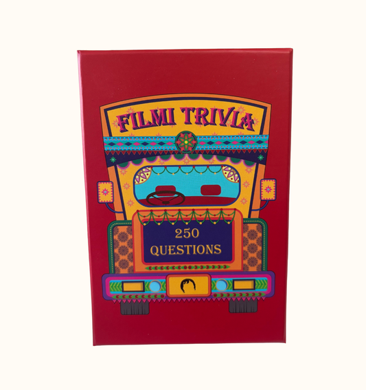 Game box titled 'Filmi Trivia' with a colorful Indian truck design on a red background