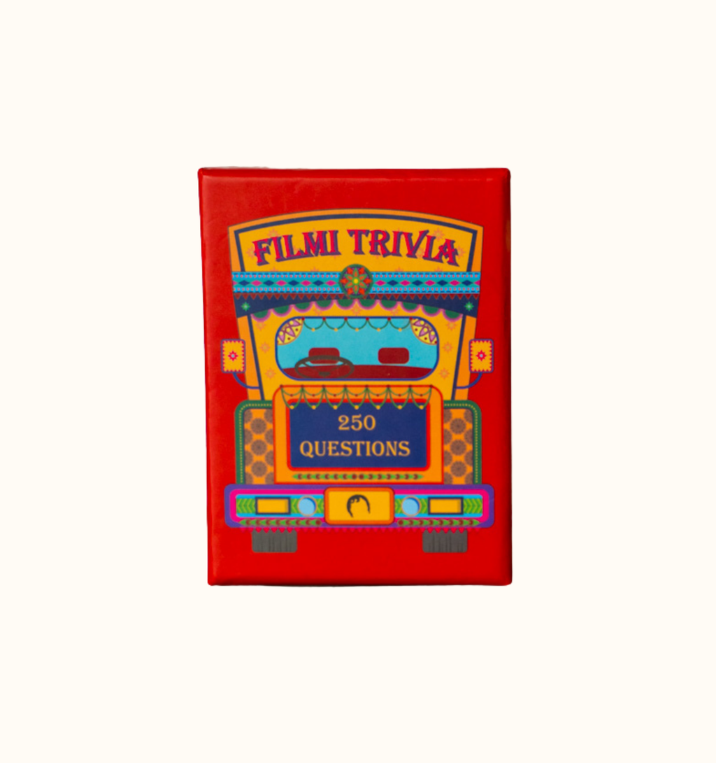 Game box titled 'Filmi Trivia' with a colorful Indian truck design on a red background