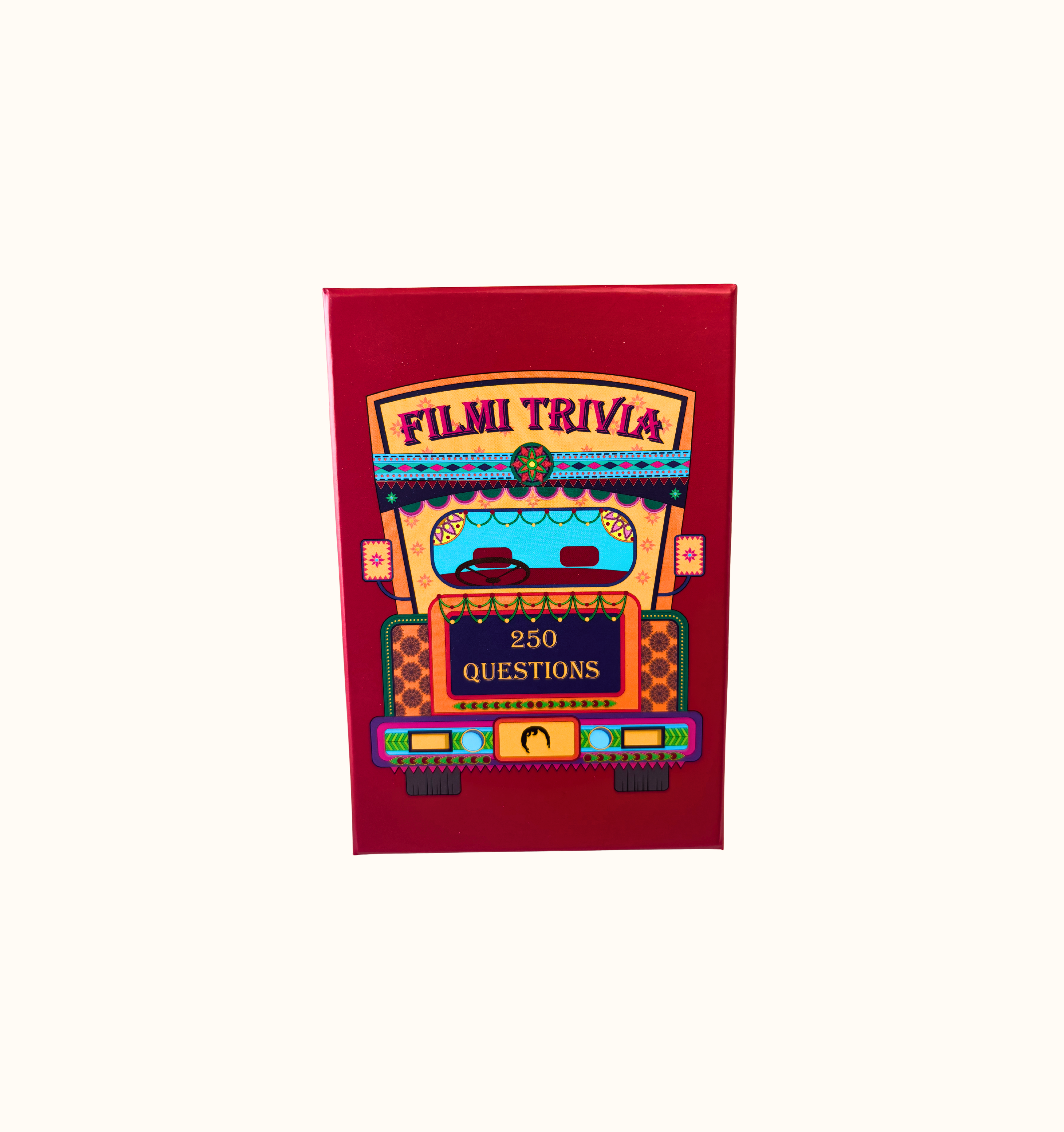Game box titled 'Filmi Trivia' with a colorful Indian truck design on a red background
