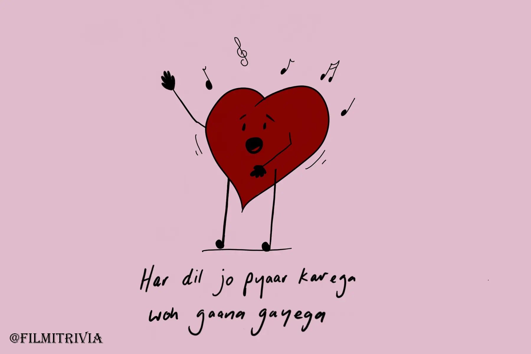 A postcard with artwork of a heart singing and the text "Har dil jo pyaar karega woh gaana gayega" from the Bollywood film Har Dil Jo Pyar Karega (2000).