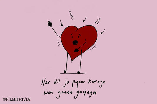 A postcard with artwork of a heart singing and the text "Har dil jo pyaar karega woh gaana gayega" from the Bollywood film Har Dil Jo Pyar Karega (2000).