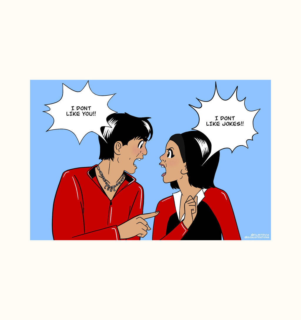 A postcard with line art of Shah Rukh Khan and Kajol saying the dialogues "I don't like jokes" and "I don't like you" from the Bollywood film Kuch Kuch Hota Hai.