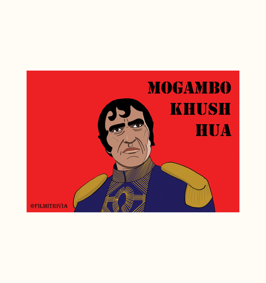 A postcard with artwork of the character Mogambo played by Amrish Puri from the Bollywood film Mr. India with the text "Mogambo Khush Hua"