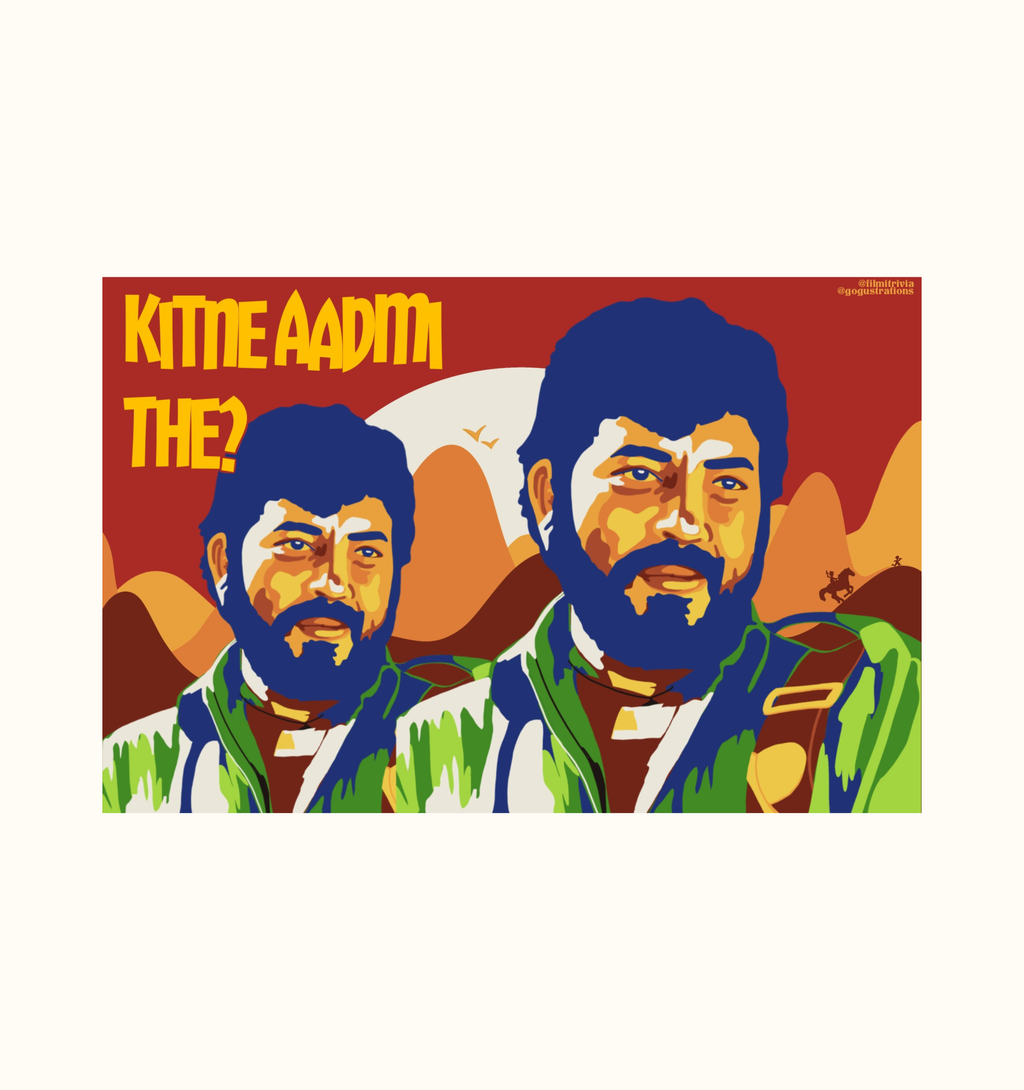 Colorful postcard featuring Gabbar Singh from the 1975 Bollywood film Sholay with the text "Kitne Aadmi The?" on a red background
