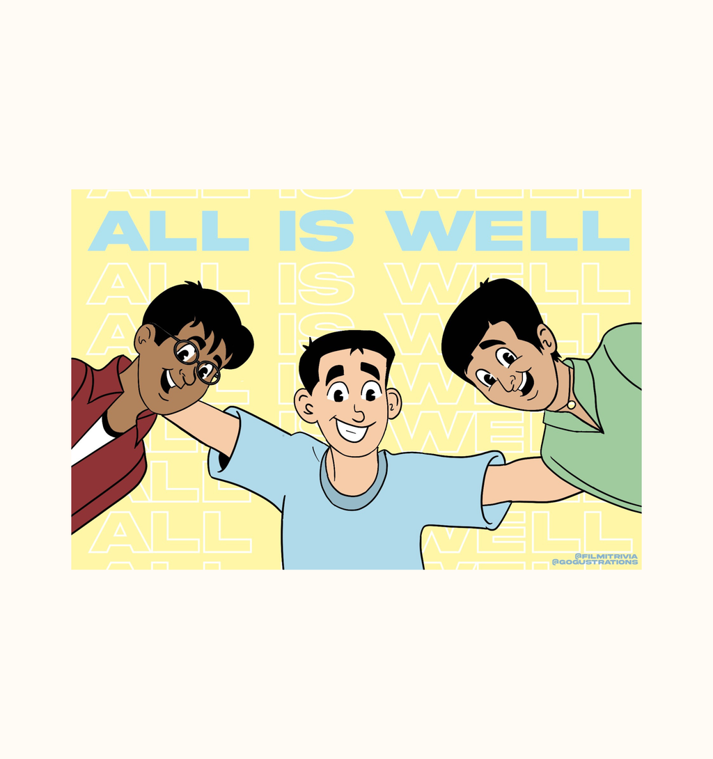 A postcard with line art from the Bollywood film 3 Idiots (2009) featuring Rancho (Aamir Khan), Raju (Sharman Joshi), and R. Madhavan (Farhan Qureshi) with the text "All is Well".