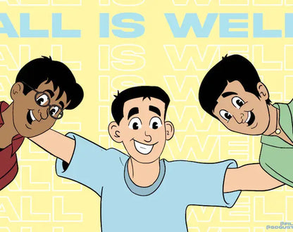 A postcard with line art from the Bollywood film 3 Idiots (2009) featuring Rancho (Aamir Khan), Raju (Sharman Joshi), and R. Madhavan (Farhan Qureshi) with the text "All is Well".