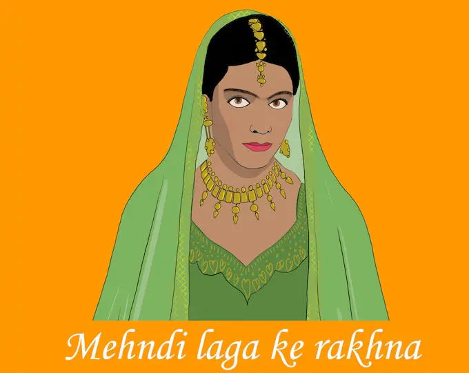 Artwork of Kajol's mehndi look from the film Dilwale Dulhania Le Jayenge (1995) on a post card.