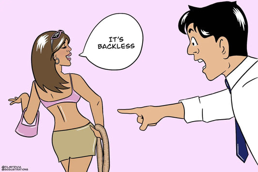 A postcard with line art of Shah Rukh Khan and Kareena Kapoor with the dialogue "It's Backless" from the Bollywood film Kabhi Khushi Kabhie Gham.